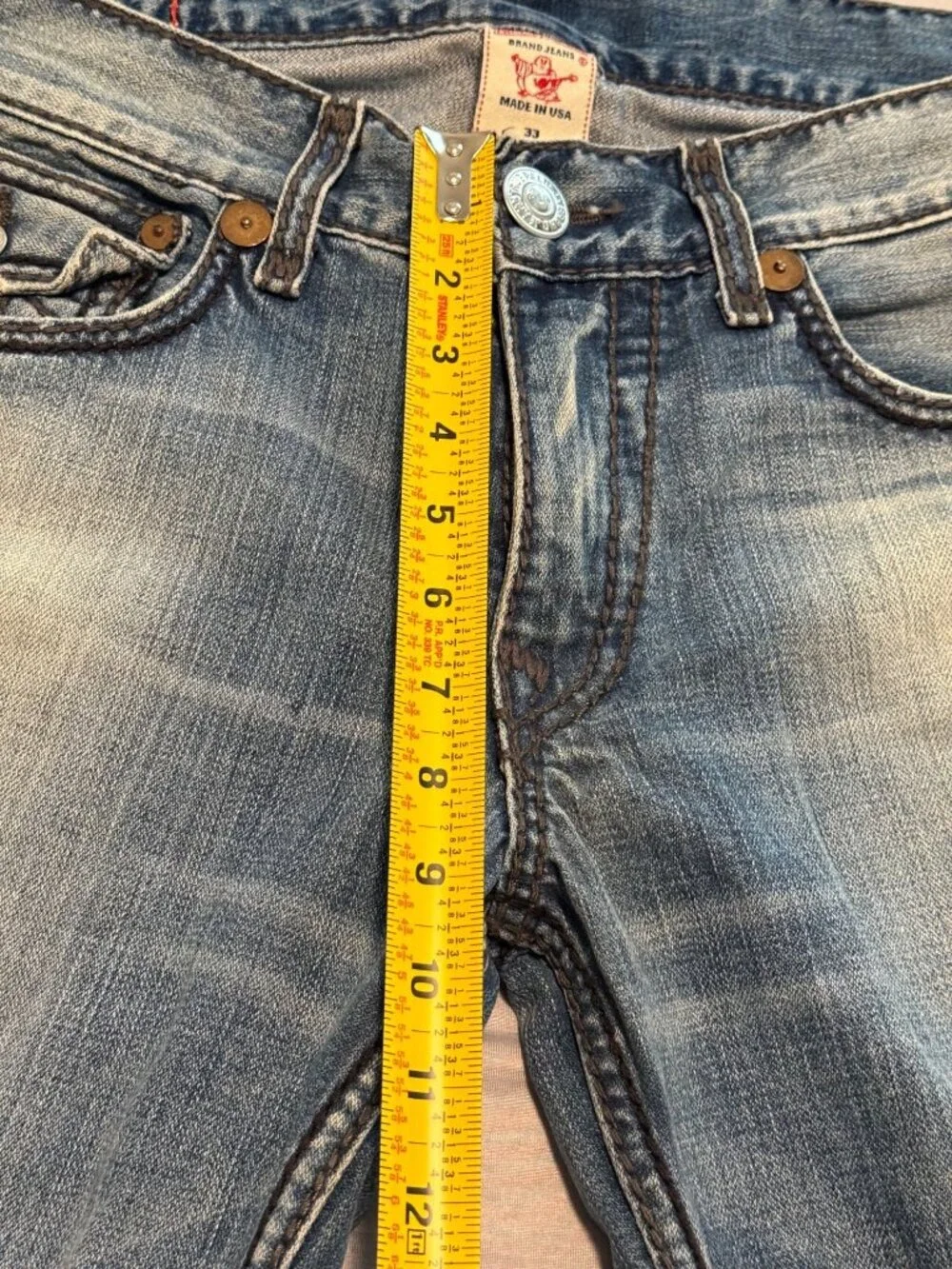 True Religion Mens Ricky Giant Big T Jeans Distressed Light Wash Denim SZ 33